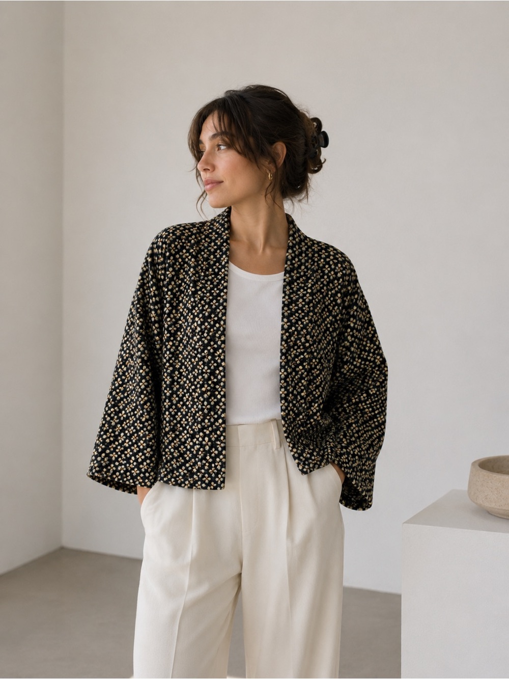 RAAG Kimono Jacket Womens Black Floral 100% Silk Velvet Oversized Minimalist